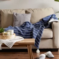 Blankets & Throws-Kirkland's Home French Slub Stripe Decorative Throw Blue