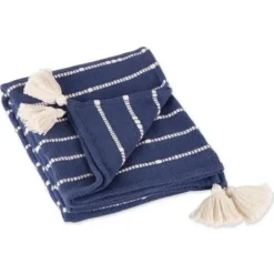 Blankets & Throws-Kirkland's Home French Slub Stripe Decorative Throw Blue