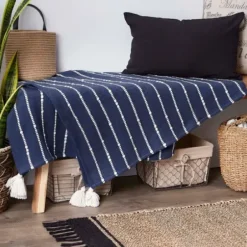Blankets & Throws-Kirkland's Home French Slub Stripe Decorative Throw Blue