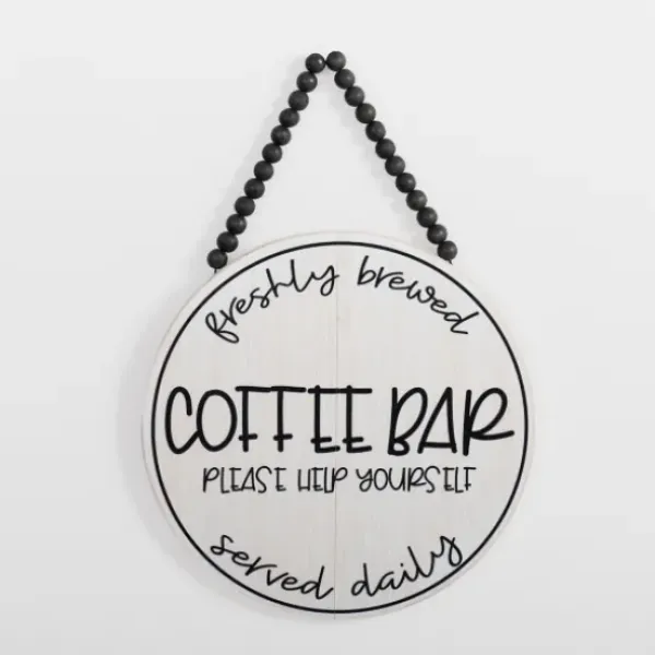 Wall Quotes & Signs-Kirkland's Home Freshly Brewed Coffee Round Beaded Wall Plaque White/Black