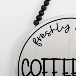 Wall Quotes & Signs-Kirkland's Home Freshly Brewed Coffee Round Beaded Wall Plaque White/Black