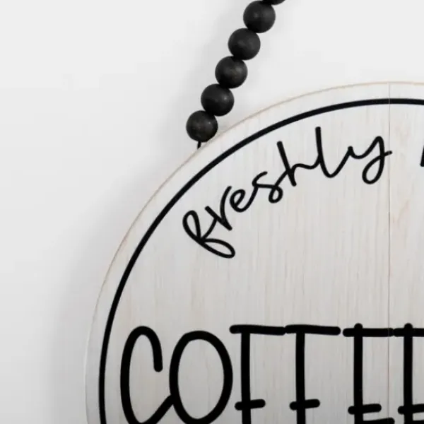 Wall Quotes & Signs-Kirkland's Home Freshly Brewed Coffee Round Beaded Wall Plaque White/Black