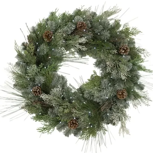 Wreaths-Kirkland's Home Frosted Pine Needle And Pinecone Pre-Lit Wreath Green/Brown