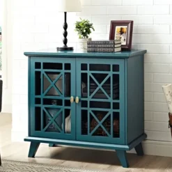 Cabinets & Sideboards-Kirkland's Home Georgia Fretwork 2-Door Accent Cabinet Blue