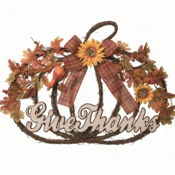 Wreaths-Kirkland's Home Give Thanks Plaid Bow Pumpkin Wreath Orange/Brown