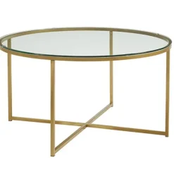 Coffee Tables-Kirkland's Home Glass & Gold X-Base Coffee Table Clear