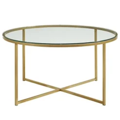 Coffee Tables-Kirkland's Home Glass & Gold X-Base Coffee Table Clear