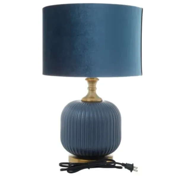 Table Lamps-Kirkland's Home Glass Base Round Velvet Shade Table Lamp Blue