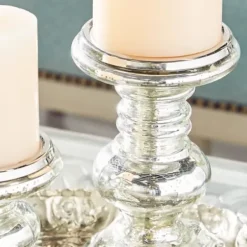 Candle Holders-Kirkland's Home Glass Ornate 2-Pc. Pillar Candle Holder Set Silver