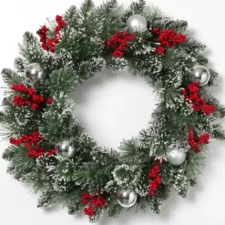 Wreaths-Kirkland's Home Glitter Pine Wreath With Berries And Ornaments Red/Green