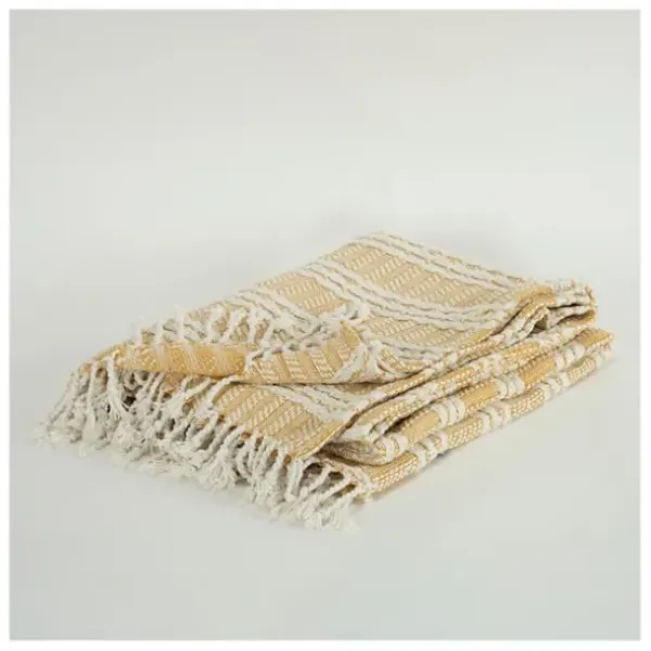 Blankets & Throws-Kirkland's Home Gold And Ivory Striped Cotton Throw Gold/Ivory