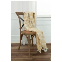 Blankets & Throws-Kirkland's Home Gold And Ivory Striped Cotton Throw Gold/Ivory