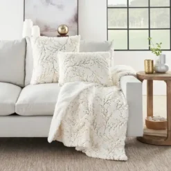Pillows-Kirkland's Home Gold Branches Faux Fur Throw Pillow White/Gold