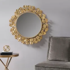 Decorative Mirrors-Kirkland's Home Gold Foil Leaf Framed Round Wall Mirror
