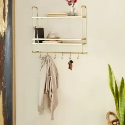 Wall Storage-Kirkland's Home Gold Iron Frame Wall Shelf With Hooks