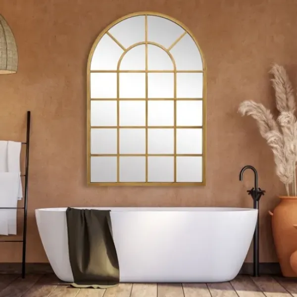 Decorative Mirrors-Kirkland's Home Gold Leaf Metal Windowpane Arch Frame Mirror