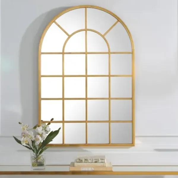 Decorative Mirrors-Kirkland's Home Gold Leaf Metal Windowpane Arch Frame Mirror