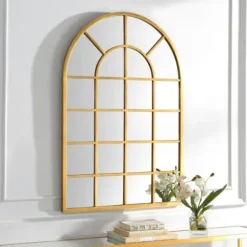 Decorative Mirrors-Kirkland's Home Gold Leaf Metal Windowpane Arch Frame Mirror