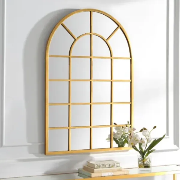 Decorative Mirrors-Kirkland's Home Gold Leaf Metal Windowpane Arch Frame Mirror