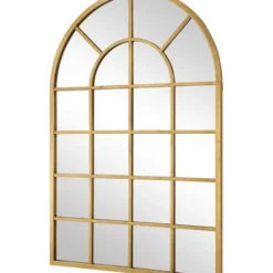 Decorative Mirrors-Kirkland's Home Gold Leaf Metal Windowpane Arch Frame Mirror