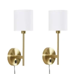 Sconces-Kirkland's Home Gold Metal & White Shade Wall Sconces, Set Of 2