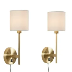 Sconces-Kirkland's Home Gold Metal & White Shade Wall Sconces, Set Of 2