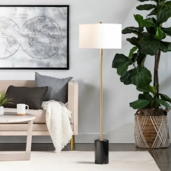Floor Lamps-Kirkland's Home Gold Metal And Black Marble Base Floor Lamp White