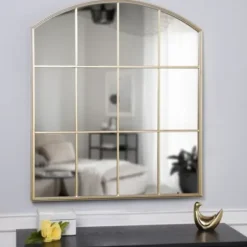 Decorative Mirrors-Kirkland's Home Gold Metal Arch Frame Pane Overlay Wall Mirror