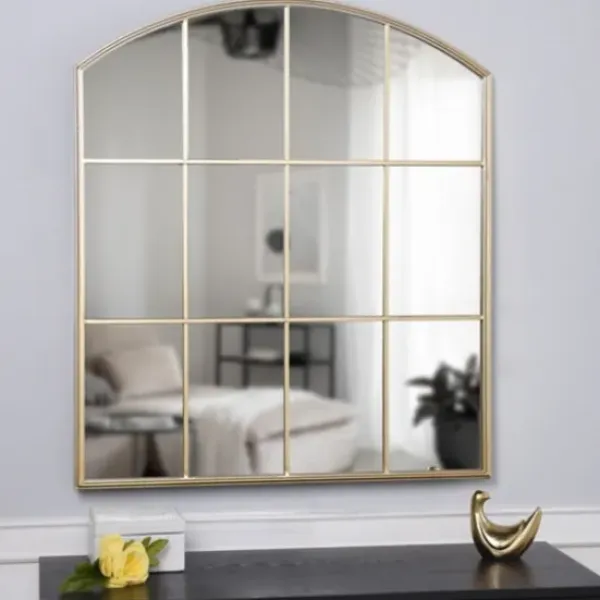 Decorative Mirrors-Kirkland's Home Gold Metal Arch Frame Pane Overlay Wall Mirror