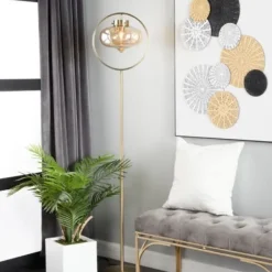 Floor Lamps-Kirkland's Home Gold Metal C-Curve Arch Arm Glass Shade Floor Lamp