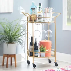 Kitchen Islands & Bar Carts-Kirkland's Home Gold Metal Frame Bar Cart With Mirrored Shelves