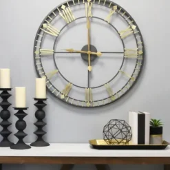 Clocks-Kirkland's Home Golden Open Face Industrial Wall Clock