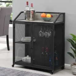 Kitchen Islands & Bar Carts-Kirkland's Home Gray And Black Mesh 2-Door Bar Cart