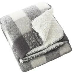 Blankets & Throws-Kirkland's Home Gray And White Plaid Faux Mohair Sherpa Throw Gray/White