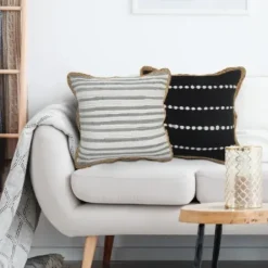 Pillows-Kirkland's Home Gray And White Stripped Jute Border Accent Pillow Gray/White/Tan
