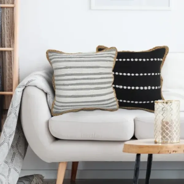 Pillows-Kirkland's Home Gray And White Stripped Jute Border Accent Pillow Gray/White/Tan