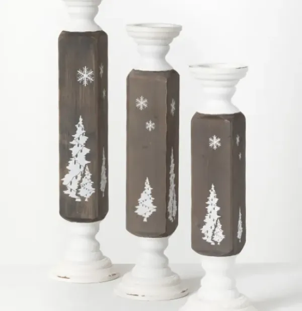 Candle Holders-Kirkland's Home Gray And White Wood Tree Candle Holders, Set Of 3 Gray/White