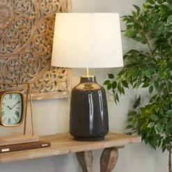 Table Lamps-Kirkland's Home Gray Ceramic Base Gold Accent Table Lamp White