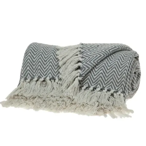 Blankets & Throws-Kirkland's Home Gray Chevron Cotton Handloomed Tassel Throw Gray/White