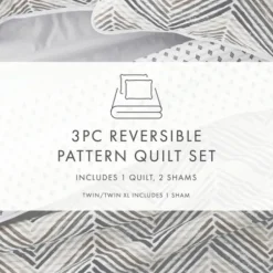 Quilts-Kirkland's Home Gray Chevron Reversible 3-Pc. King Quilt Set Gray/White
