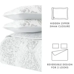 Quilts-Kirkland's Home Gray Damask Reversible 3-Pc. Queen Quilt Set Gray/White