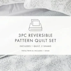 Quilts-Kirkland's Home Gray Damask Reversible 3-Pc. King Quilt Set Gray/White