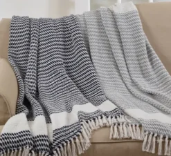 Blankets & Throws-Kirkland's Home Gray Diamond Weave Throw With Tassels Gray/White