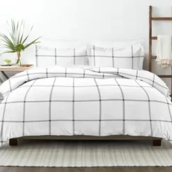 Duvets-Kirkland's Home Gray Grid Plaid 3-Pc. Micro Queen Duvet Cover Set White/Gray
