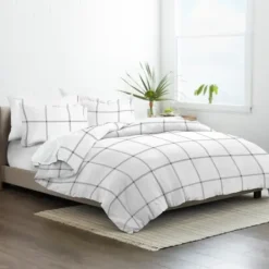 Duvets-Kirkland's Home Gray Grid Plaid 3-Pc. Micro Queen Duvet Cover Set White/Gray
