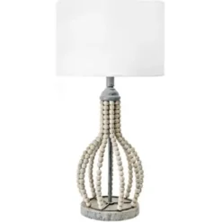 Table Lamps-Kirkland's Home Gray Iron And Rattan Beaded Table Lamp White
