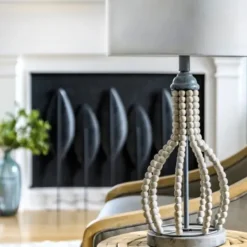 Table Lamps-Kirkland's Home Gray Iron And Rattan Beaded Table Lamp White