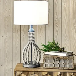 Table Lamps-Kirkland's Home Gray Iron And Rattan Beaded Table Lamp White
