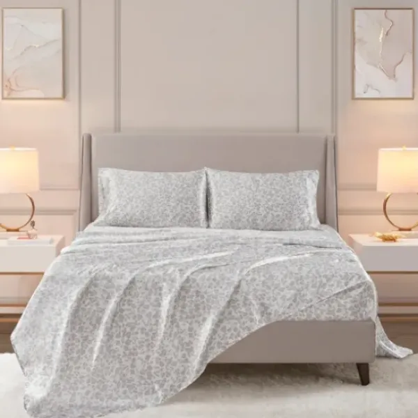 Bed Sheets-Kirkland's Home Gray Leopard Print Satin 4-Pc. Full Sheet Set White/Gray
