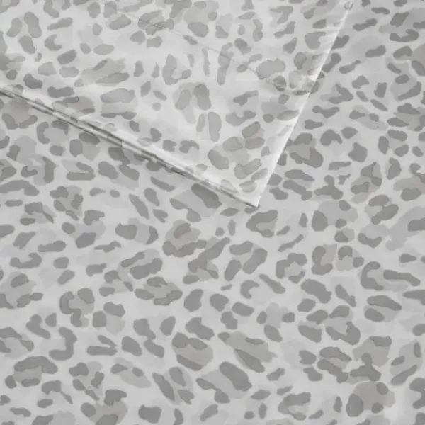 Bed Sheets-Kirkland's Home Gray Leopard Print Satin 4-Pc. Queen Sheet Set White/Gray